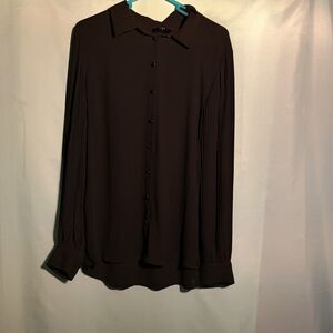Black Pleated Long Sleeve Button-Up Blouse – Classic Collared Top – Size XL